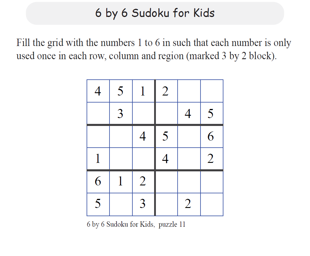 6x6 Sudoku puzzle for kids, logical deduction exercise using numbers 1 to 6 in rows, columns, and blocks