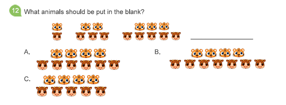 Animal pattern reasoning problem for early math learners showing tigers and cows arranged in repeating order — example of Think Academy Canada’s playful math learning.