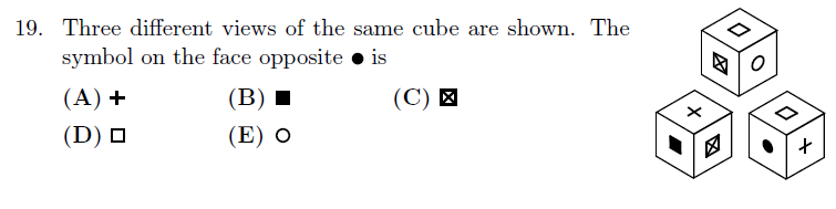 Gauss Math Contest 2020 cube views problem, identify opposite symbol of dot face from three perspectives