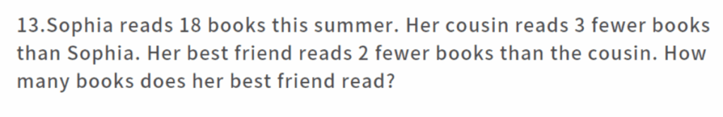 Screenshot of a math word problem describing Sophia, her cousin, and her best friend reading different numbers of books. Used to illustrate comparative reasoning and math reading comprehension challenges in elementary students.