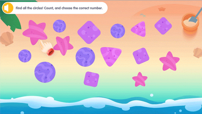 Interactive educational animation showing colorful shapes scattered on a beach background, with the instruction “Find all the circles! Count, and choose the correct number.” Designed to teach children visual recognition, counting, and word comprehension through interactive play.