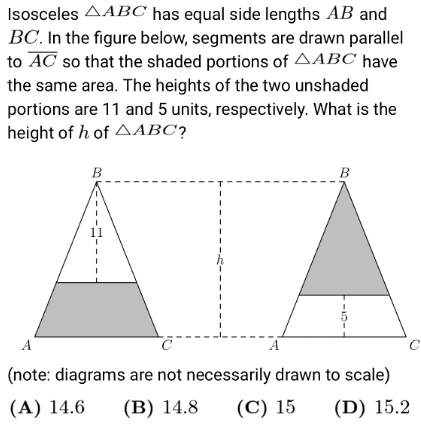 2023 AMC 8, Question 24: Geometry problem diagram showing an isosceles triangle ABC with equal sides AB and BC. Two shaded regions inside the triangle are drawn with parallel lines to base AC, creating sections of equal area. The heights of the unshaded portions are labeled 11 and 5, and the overall triangle height is marked as h. The question asks for the height of △ABC, with multiple-choice answers 14.6, 14.8, 15, and 15.2.