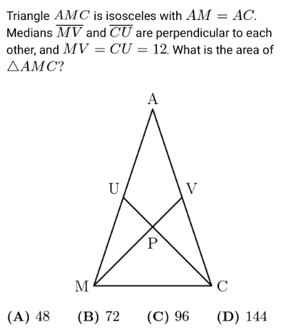 2020 AMC 10, Question 12: Geometry diagram of isosceles triangle AMC with equal sides AM and AC. Medians MV and CU intersect at point P and are perpendicular to each other. Both medians MV and CU are labeled as 12 units. The question asks for the area of triangle AMC, with answer choices 48, 72, 96, and 144.