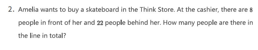 Illustration of a math word problem about Amelia in line at a store, showing 8 people in front and 22 behind. Example of early-grade word problem comprehension focusing on understanding sequence and total count.