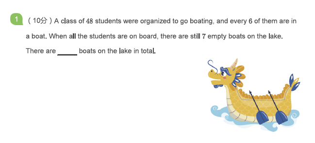 Word problem about 48 students sharing boats, 6 per boat, with 7 boats left empty. Find the total number of boats.