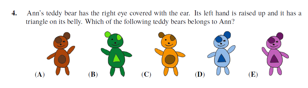 Colorful teddy bear puzzle from Math Kangaroo contest showing visual logic for early grades.