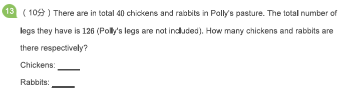 Word problem with 40 animals in total, chickens and rabbits, having 126 legs. Find how many chickens and rabbits.