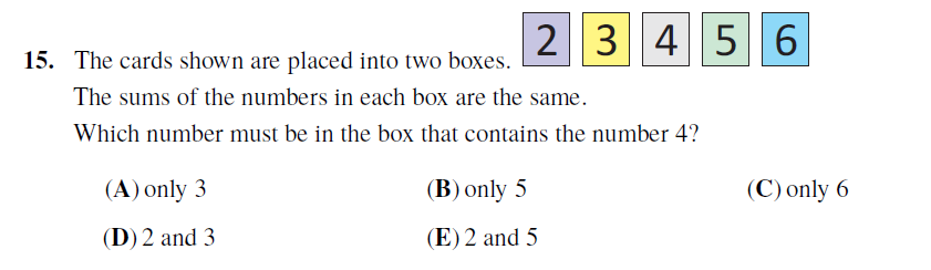 Math contest problem with number cards 2, 3, 4, 5, 6 divided into two boxes with equal sums; students decide placement of number 4.