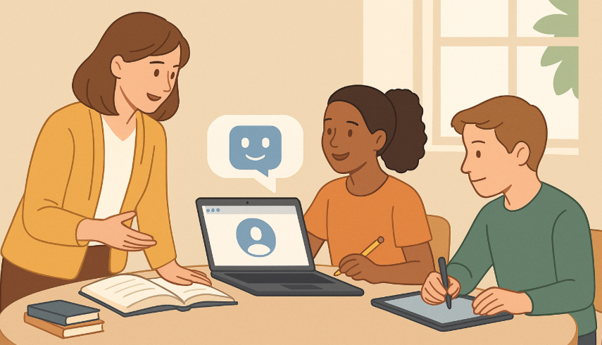 Balanced hybrid classroom where teacher, AI tools, and students collaborate in harmony, representing responsible innovation in education.