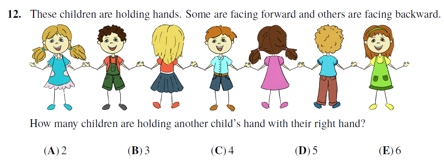 Colorful illustration of children facing different directions; students determine how many hold another’s right hand.