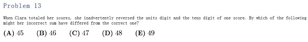 AMC word problem where Clara reversed the digits of one score when totaling. Students must determine by how much her incorrect sum differs from the correct sum.
