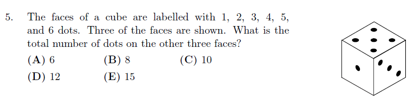 Gauss Math Contest 2022 dice problem, deduce total dots on hidden faces of cube