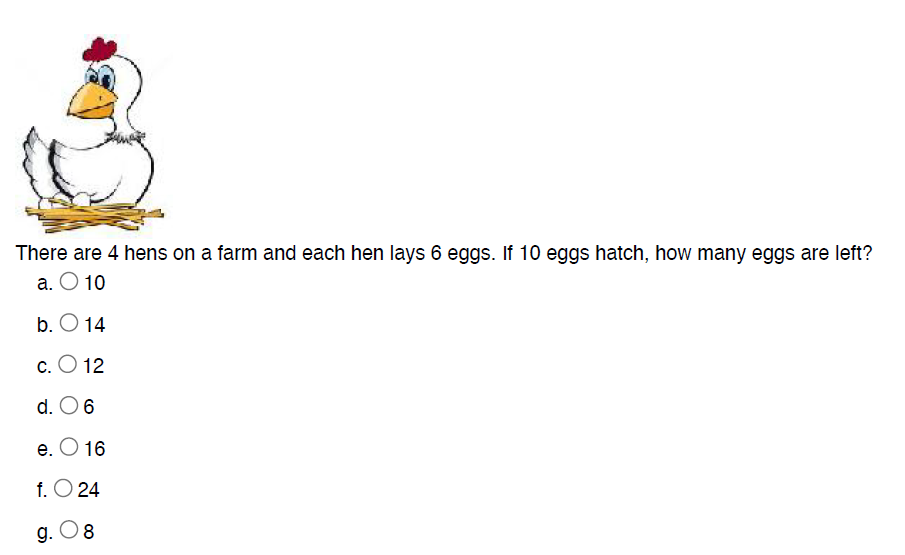 Word problem with hens laying eggs; students calculate remaining eggs after some hatch.