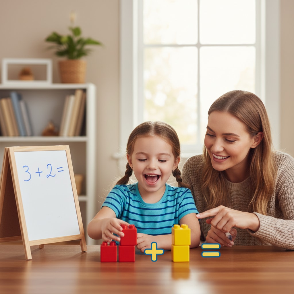 A child and parent using colourful counting blocks together during a simple math activity at home. The child smiles while solving an addition problem, and the parent offers gentle, encouraging guidance in a warm and bright learning environment.