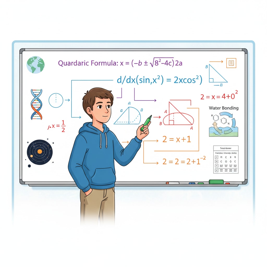 A young student enthusiastically solving complex mathematical equations on a whiteboard, surrounded by various educational diagrams. The student is focused and engaged, using colorful markers to illustrate their steps, symbolizing K12 preparation for advanced studies. K12 student preparing for a Mathematics Degree, Remote Education, Online Courses
