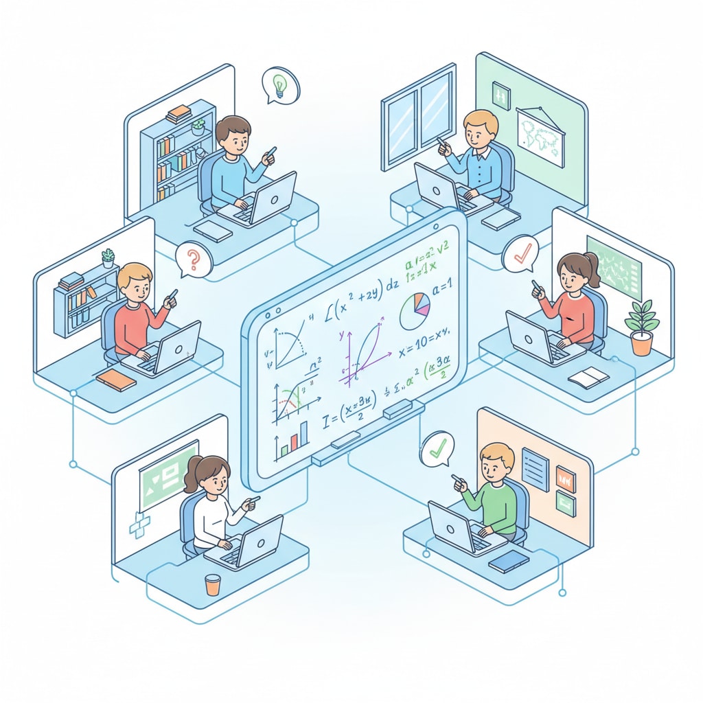 A diverse group of students collaboratively working on a virtual whiteboard using digital pens, depicting mathematical symbols and graphs. They are connected via video calls on individual laptops, showcasing remote teamwork in an online learning environment, symbolizing online collaboration in mathematics education. Collaborative online learning for a Mathematics Degree, Remote Education, Online Courses