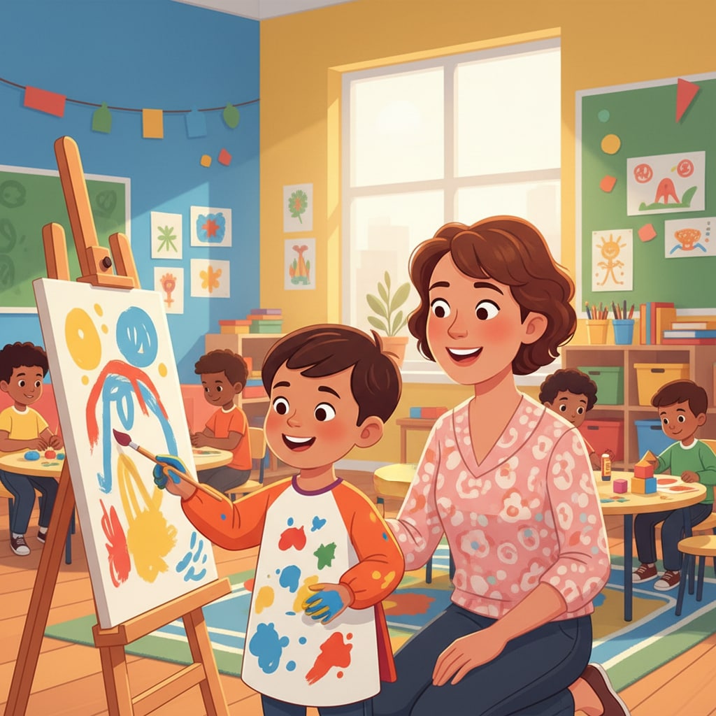 A smiling young child enthusiastically participating in a creative art activity within a brightly lit and colorful kindergarten classroom, surrounded by other children and a supportive teacher. Child engaged in art at private school, considering commute time and school choice