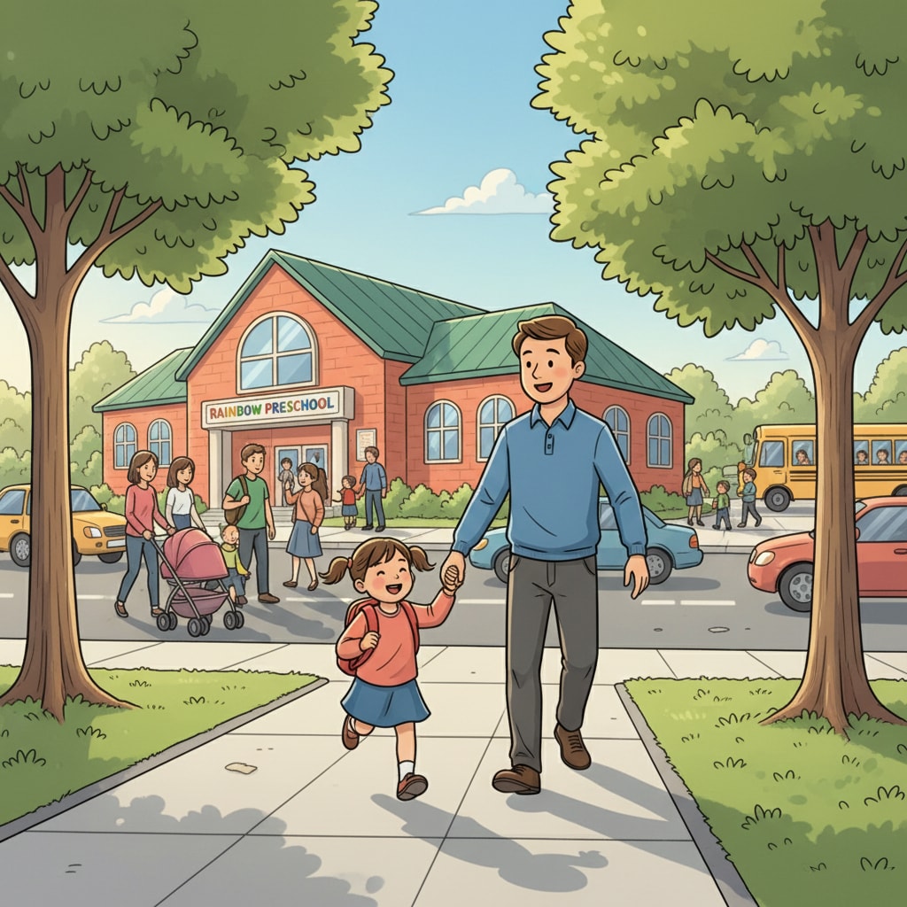 A parent holding a child's hand while walking towards a kindergarten building during morning drop-off, showing a busy but manageable commute scene. Parent and child walking to a private school, weighing commute time in school choice decision.