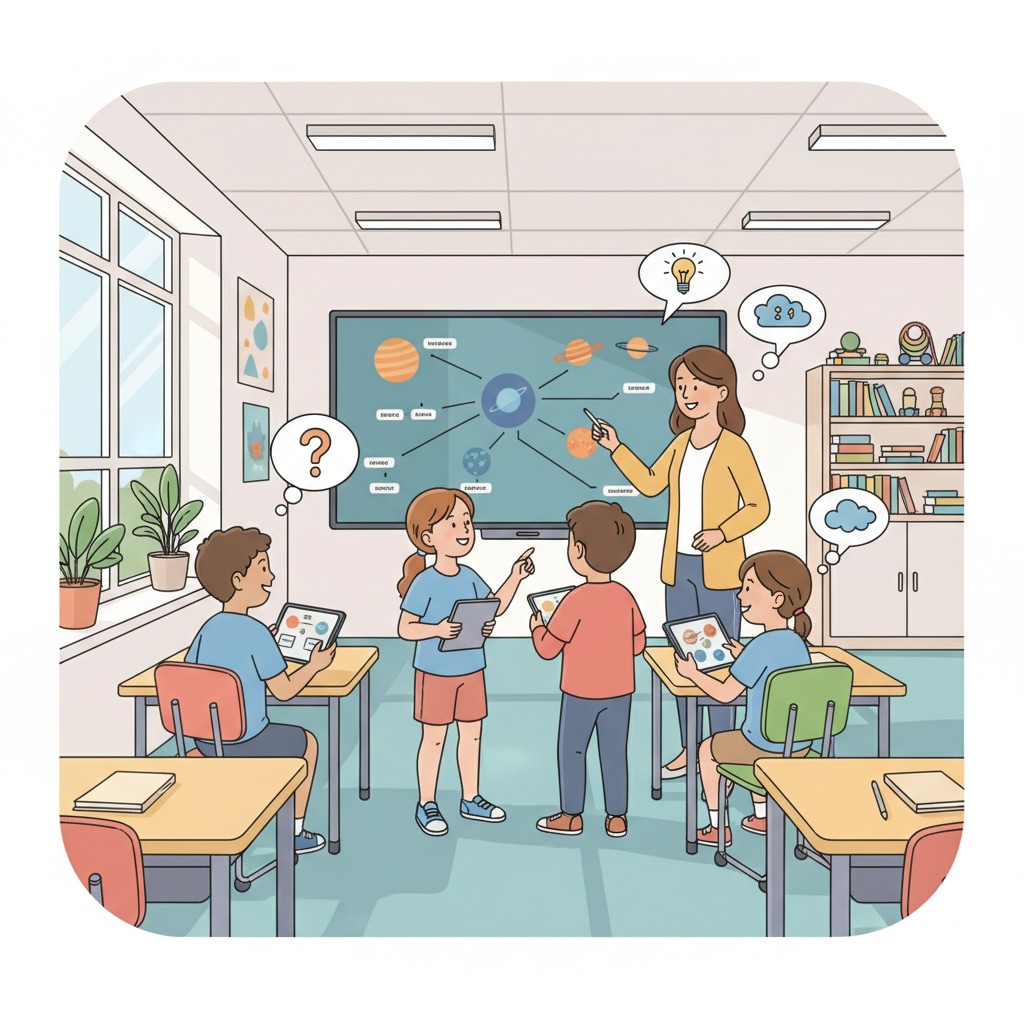 A group of diverse K-12 students collaborating on a project using tablets and a large interactive screen in a modern, bright classroom setting, with a teacher facilitating the discussion. This image represents modern learning environments and technology integration. Students collaborating with technology, reflecting Educational Reform, Value Diversification, Technological Change