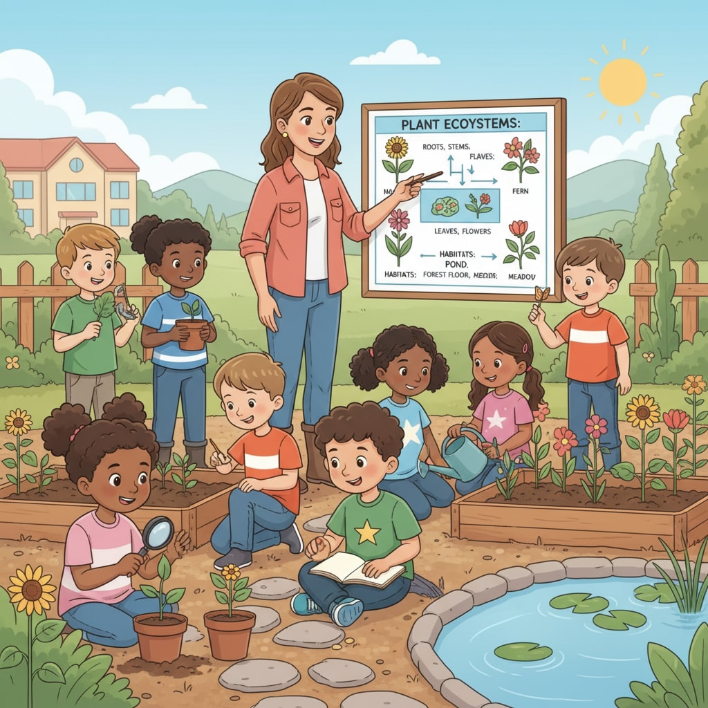 A teacher engaging a diverse group of elementary school children in an outdoor learning environment, discussing different plants and their ecosystems, encouraging curiosity and hands-on exploration. This image highlights diverse learning methods and holistic development. Diverse students in outdoor learning, promoting Value Diversification and Educational Reform