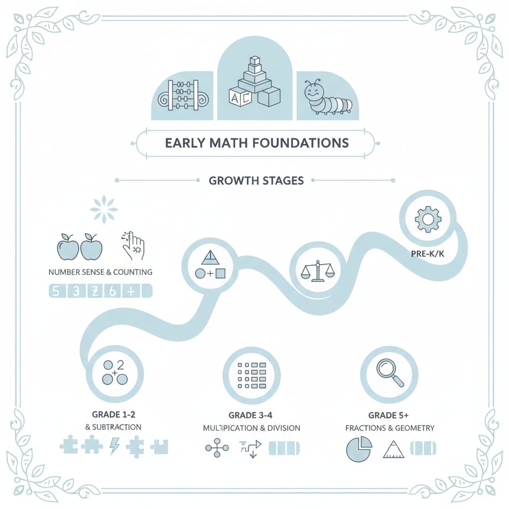 A cheerful young girl, approximately 7 years old, holding up a completed math worksheet with a big smile, indicating her success in achieving elementary math milestones. The worksheet shows simple arithmetic problems and colourful drawings.
