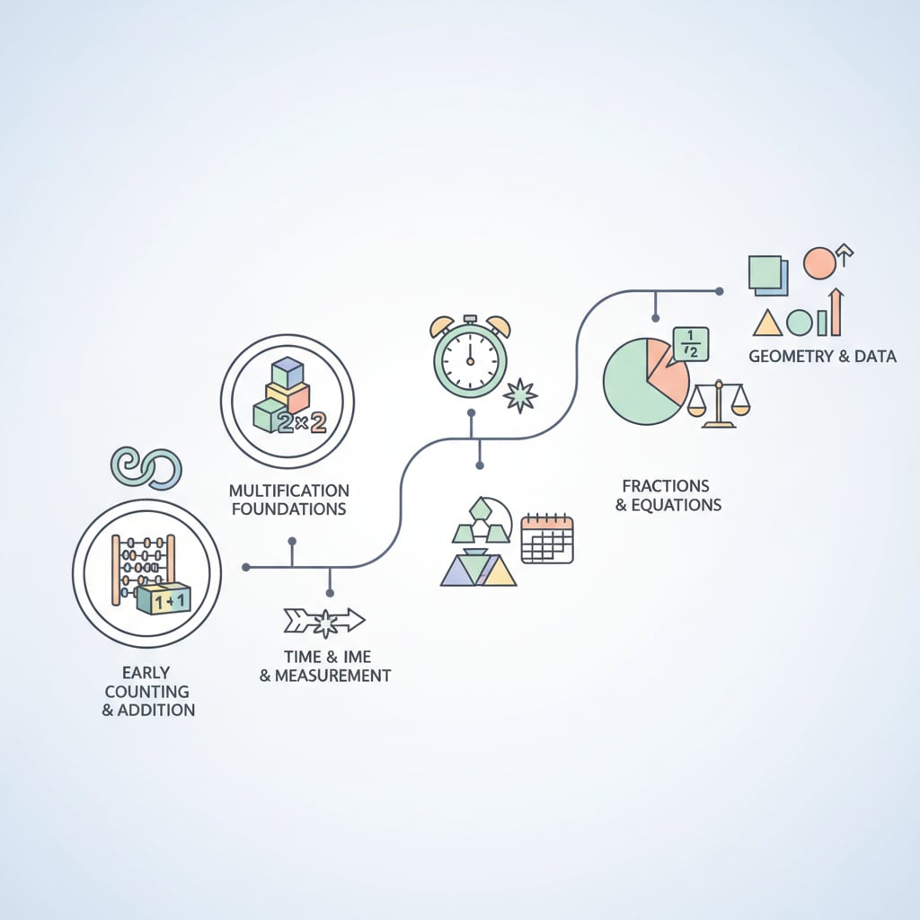 An educational infographic illustrating the progression of elementary math milestones, starting from basic counting and number recognition (K-1) to more complex concepts like fractions, decimals, and early algebraic thinking (grades 4-6), depicted with interconnected arrows and icons.