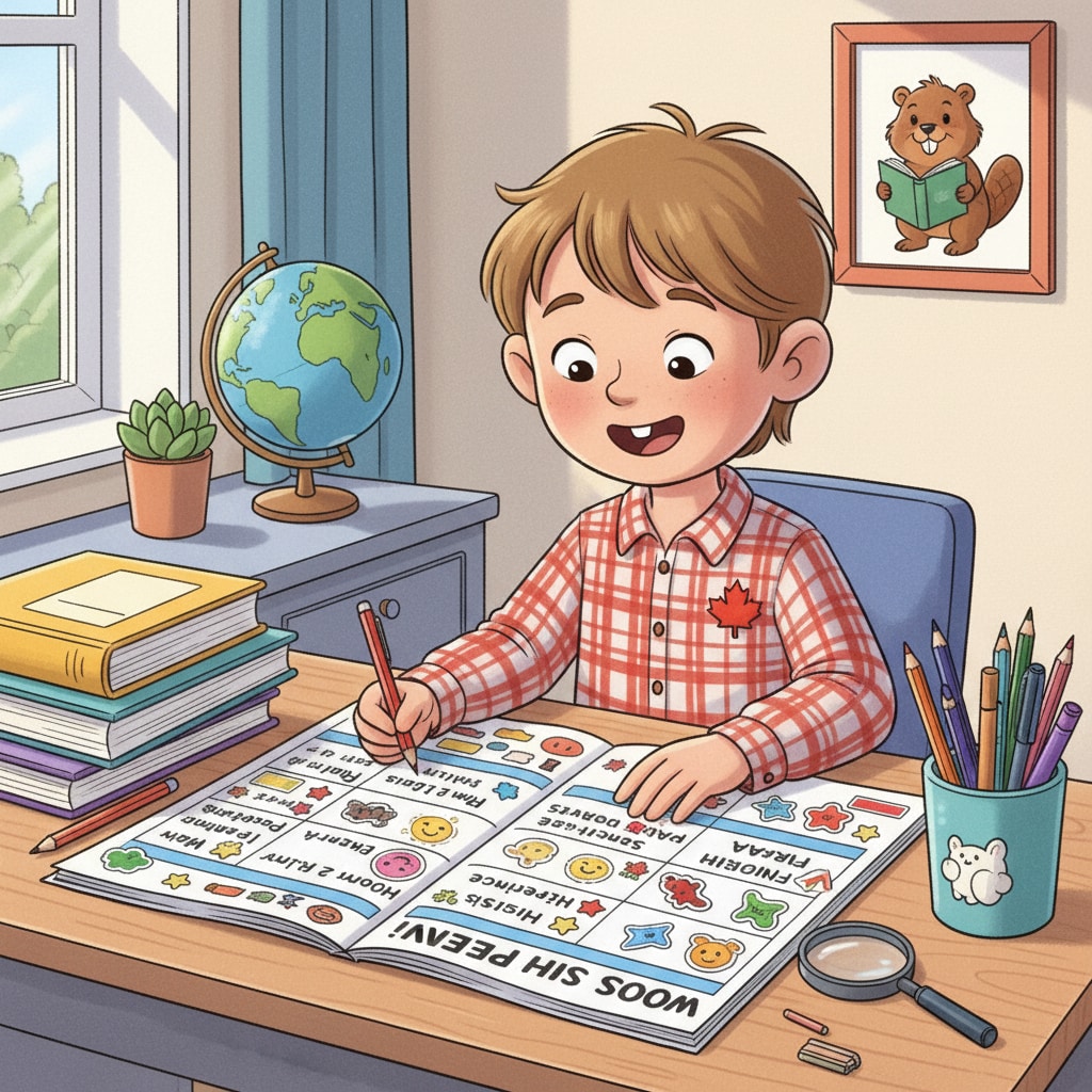 Canadian child using colourful study planners and goal-setting templates