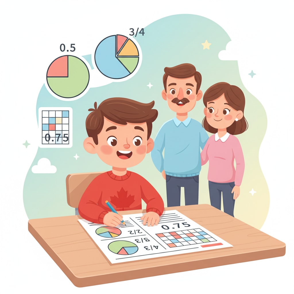 Canadian child learning fractions and decimals with parents