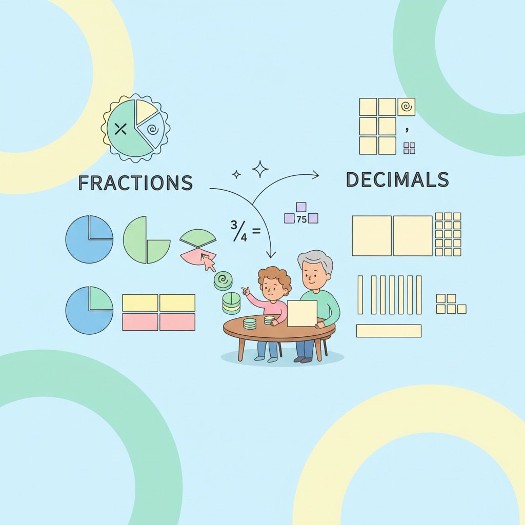 Parent and child using manipulatives for fractions and decimals