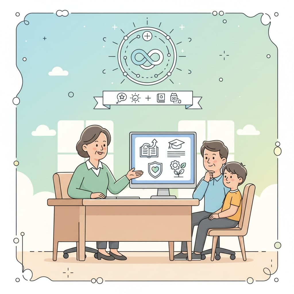 School counsellor discussing student well-being and provincial ministry of education updates with a parent and child