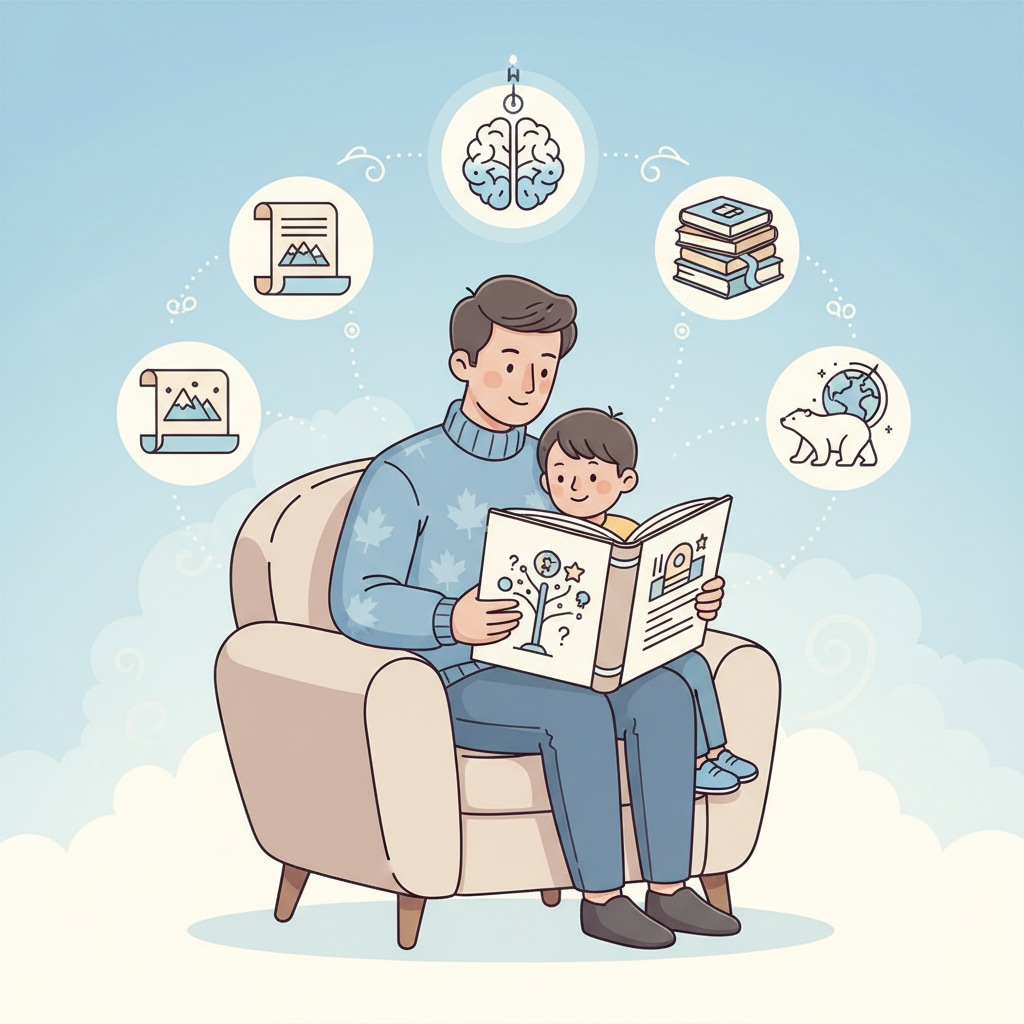 A parent and child reading together, symbolizing shared learning and the pursuit of educational knowledge. The image subtly includes elements of Canadian culture or nature. Parent and child discovering Canadian Education Association insights together