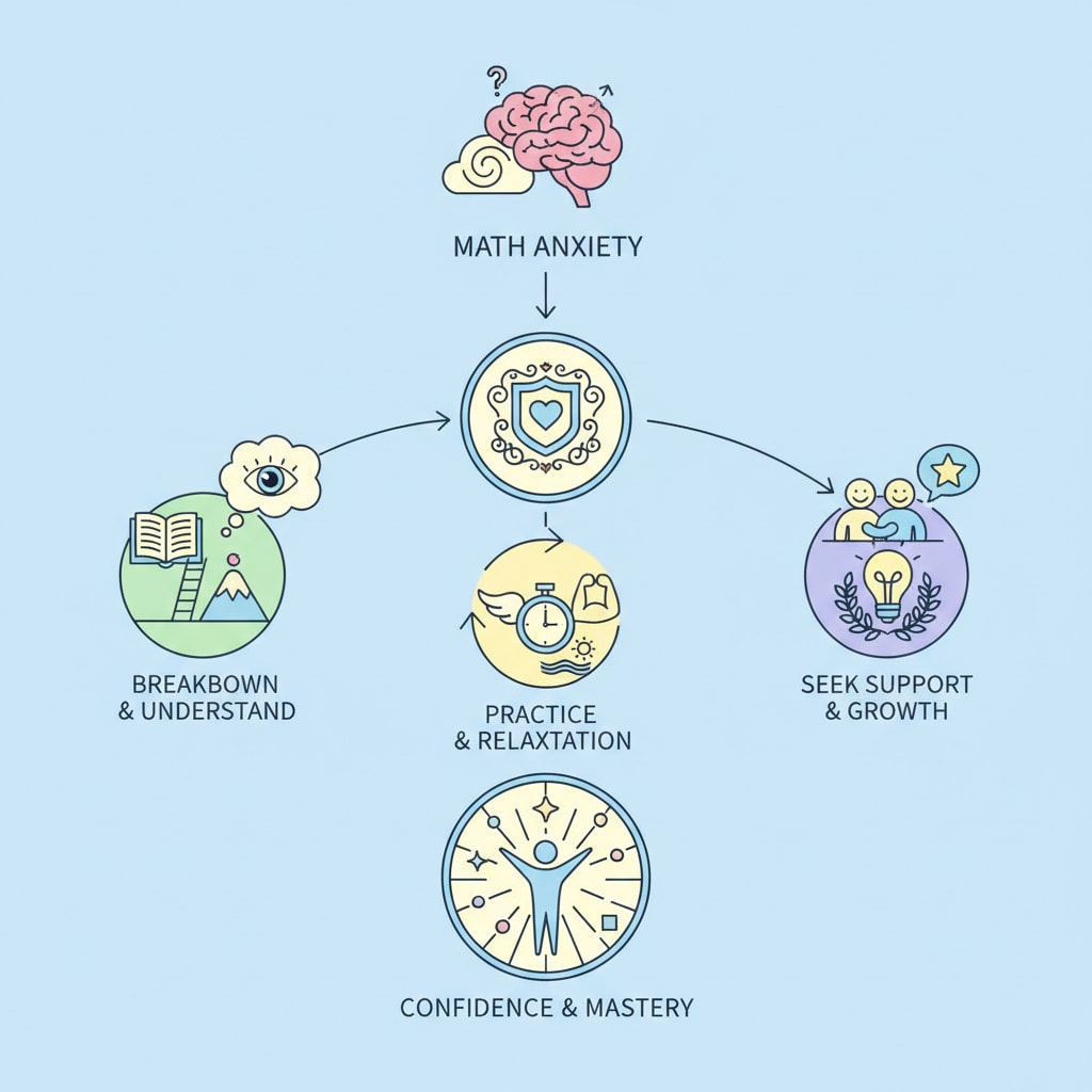 Detailed description of the first image related to dealing with math anxiety A child looking worried while doing math homework, with a parent gently reassuring them, depicting a common scenario when dealing with math anxiety.