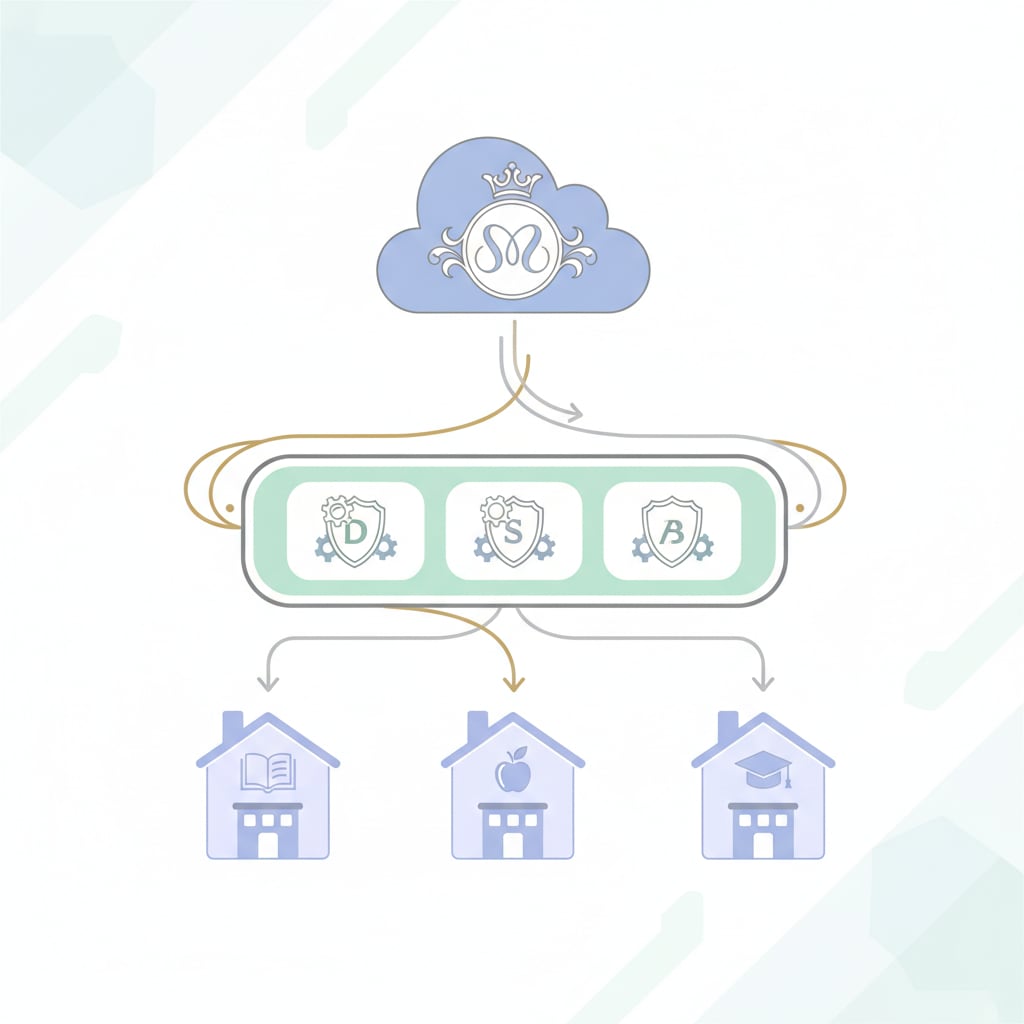 A diagram illustrating the hierarchy of public education in Ontario, showing the Ministry of Education at the top, followed by district school boards, and then individual schools. The image should convey organization and structure. Hierarchy of Ontario school districts and education system