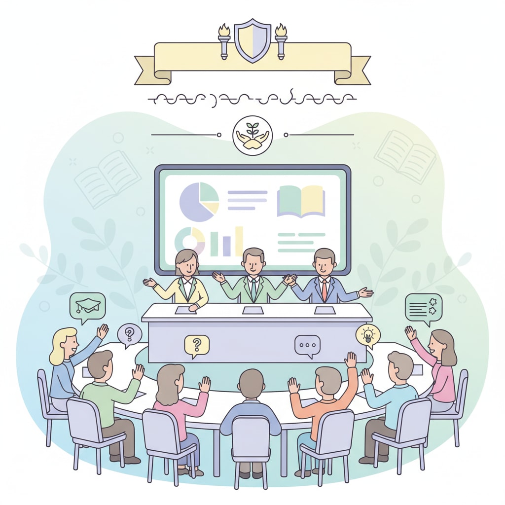 Parents attending a community meeting with school board trustees, engaged in discussion and asking questions. The scene should depict active parental involvement in local education. Parents engaging with Ontario school districts representatives