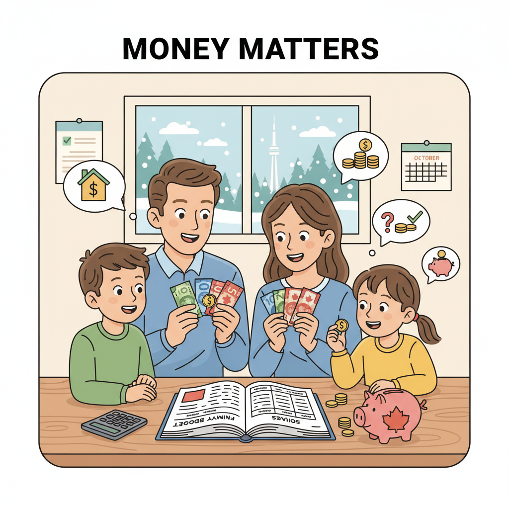 A young Canadian family discussing money and budgeting around a kitchen table, with parents holding bills and coins and children looking engaged. Canadian family learning about financial literacy requirements