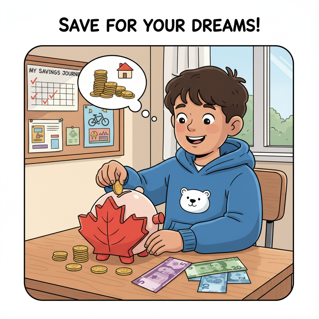 A child in Canada using a piggy bank, with Canadian coins and bills visible, learning about saving. Child learning about saving, Canadian financial literacy requirements