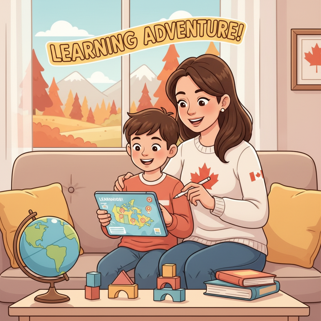 A Canadian family, a mother and her child, happily using a tablet together to complete an educational activity, demonstrating positive screen time management for learning. Canadian family practicing screen time management for learning