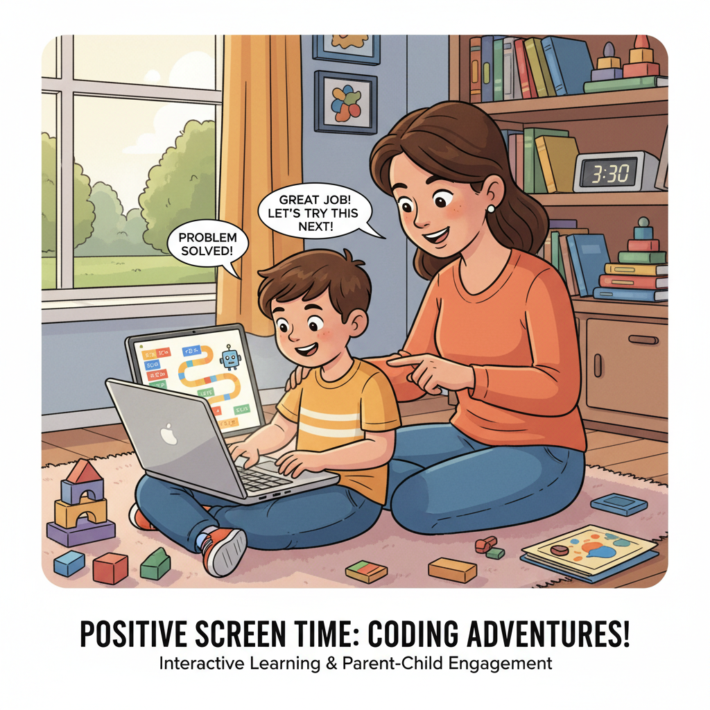 A child actively engaged in a coding game on a laptop, showcasing educational screen time with a parent observing nearby, emphasizing screen time management for learning and interactive engagement. Child learning to code through screen time management for learning