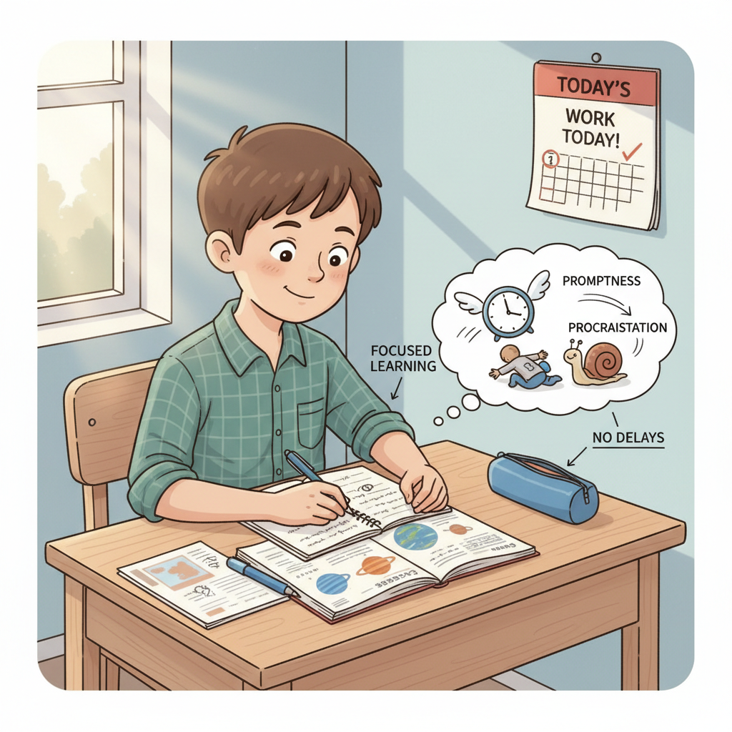 A child, aged 8-10, sitting at a clean desk with books and a notebook, looking focused and engaged in their studies, representing effective study habits and avoiding procrastination. Child focused on studies, avoiding procrastination
