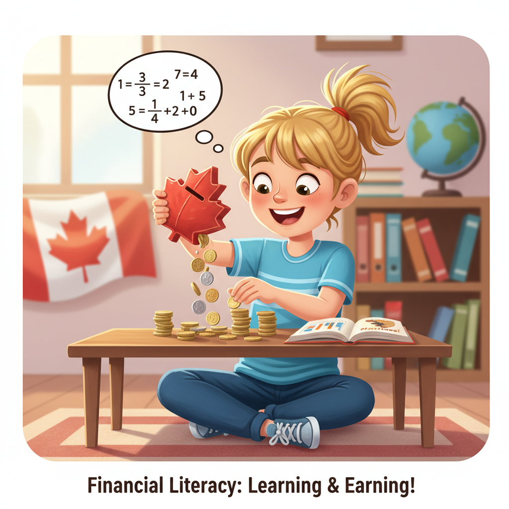 A Canadian child, aged 8-10, happily counting coins in a piggy bank, with a Canadian flag subtly in the background, representing financial literacy in Canadian curriculum Young child learning financial literacy in Canadian curriculum with piggy bank