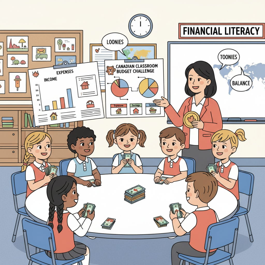 A diverse group of Canadian children, aged 6-12, engaged in a classroom activity about budgeting, using play money and charts, representing the practical application of financial literacy in Canadian curriculum Students actively learning financial literacy in Canadian curriculum through budgeting
