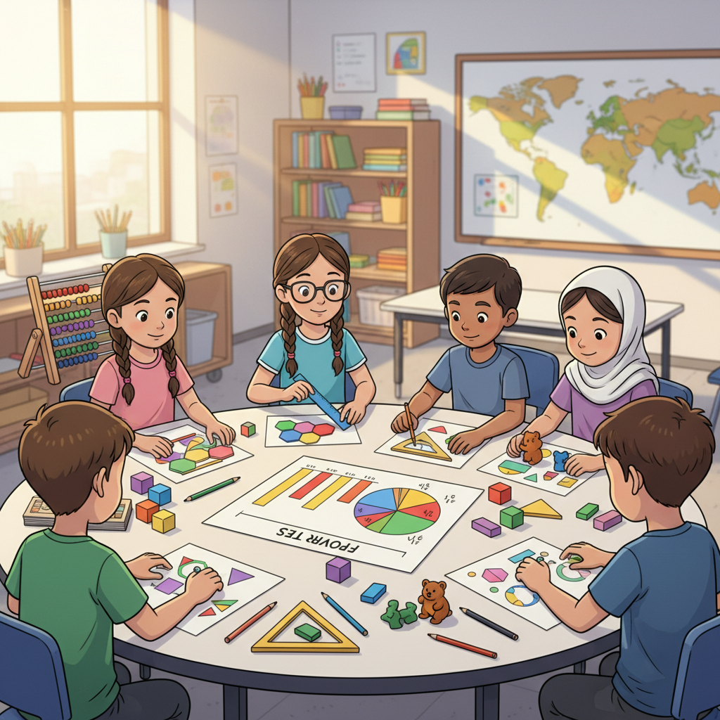 A diverse group of elementary school children collaborating on a math project, using various tools and demonstrating advanced elementary math milestones Upper elementary math milestones with children collaborating on a math project