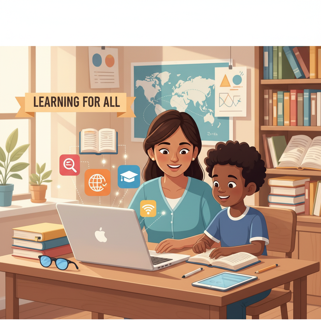 Parent and child accessing digital education, highlighting education equity and access.