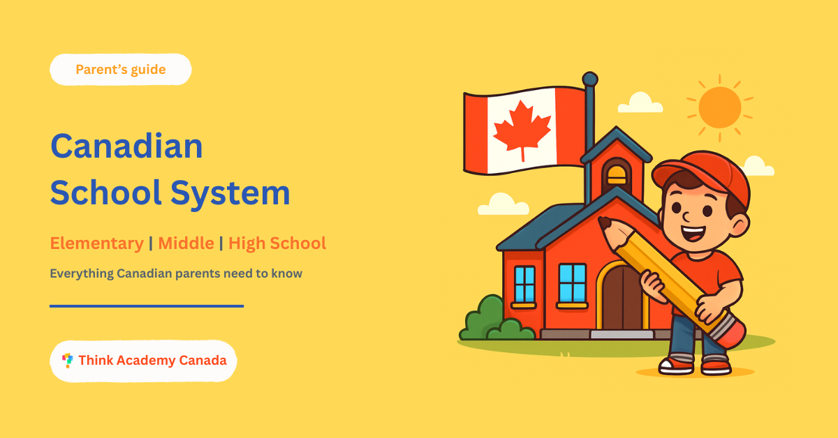 Illustration of a smiling child holding a pencil in front of a school building with a Canadian flag, promoting a parent’s guide to the Canadian school system