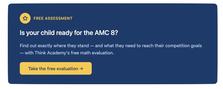 Think Academy AMC 8 free evaluation banner — blue background with gold button reading "Take the free evaluation"