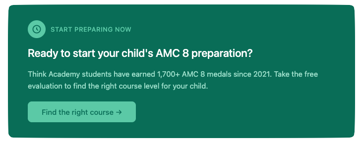 Think Academy AMC 8 course banner — green background with teal button reading "Find the right course"