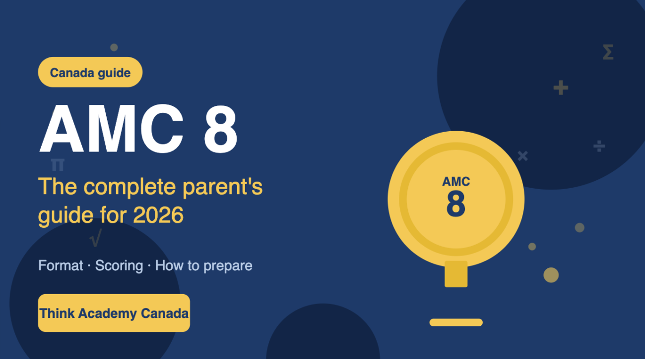 Bold featured image for the AMC 8 Canada guide — navy blue background with a gold medal illustration, floating math symbols, and white title text