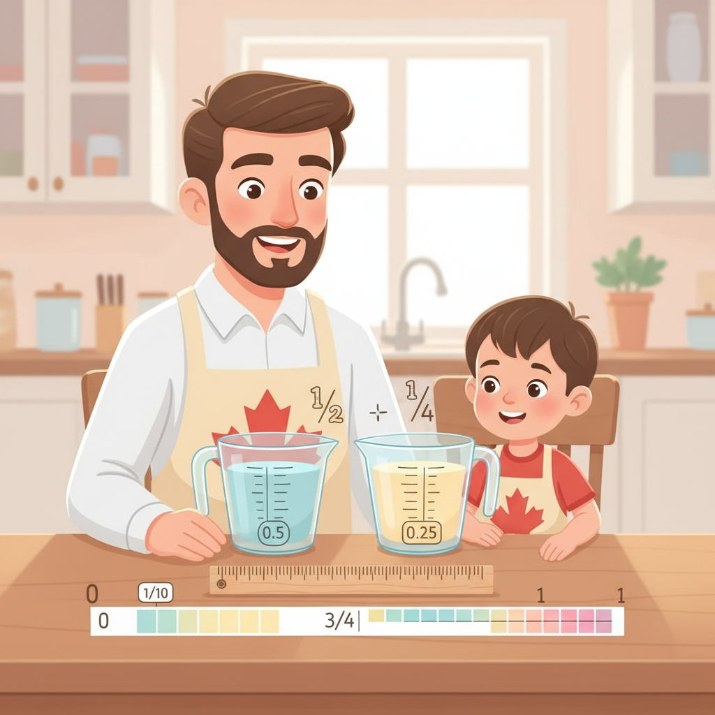 Parent and child learning fractions and decimals with measuring tools at home