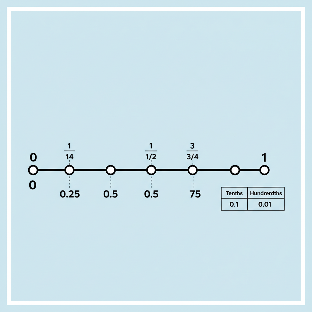 Number line and place-value chart connecting fractions and decimals