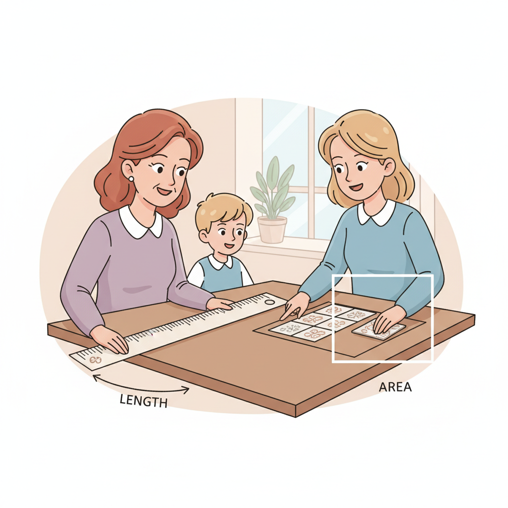 Parent helping child learn measurement, area, and volume basics using a ruler and square tiles